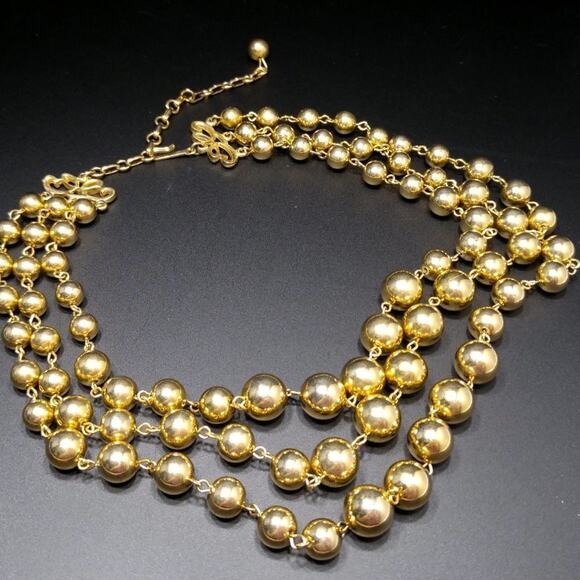 Vintage Gold Bead Three Strand Necklace, Wire Wrapped, 1950s, 18 Inches - Picture 4 of 7